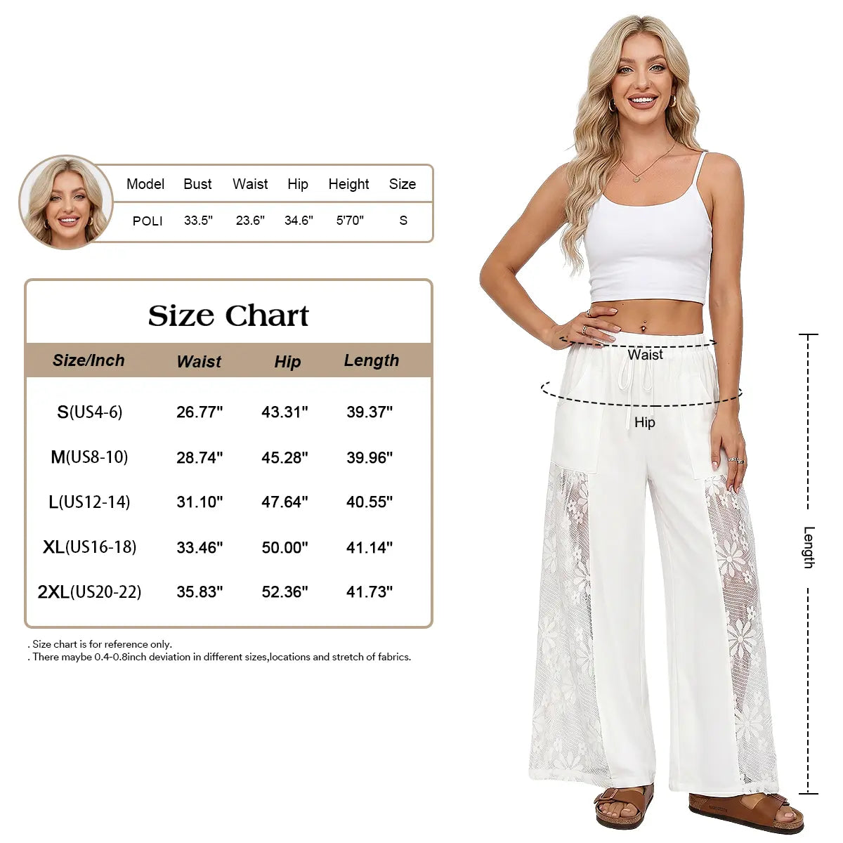 Chicovar Women'S Boho Lace Splicing Wide Leg Pants, High-Waisted Stretchy Drawstring Design, Lightweight, Flowy, Summer Trousers with Pockets & Casual, Daily, Beach Vacation, Summervibes