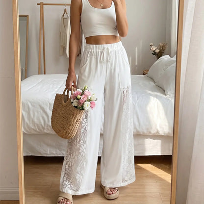 Chicovar Women'S Boho Lace Splicing Wide Leg Pants, High-Waisted Stretchy Drawstring Design, Lightweight, Flowy, Summer Trousers with Pockets & Casual, Daily, Beach Vacation, Summervibes