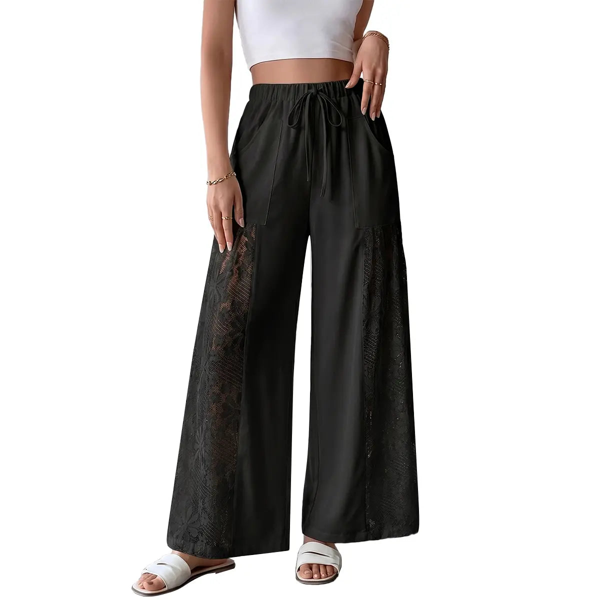 Chicovar Women'S Boho Lace Splicing Wide Leg Pants, High-Waisted Stretchy Drawstring Design, Lightweight, Flowy, Summer Trousers with Pockets & Casual, Daily, Beach Vacation, Summervibes