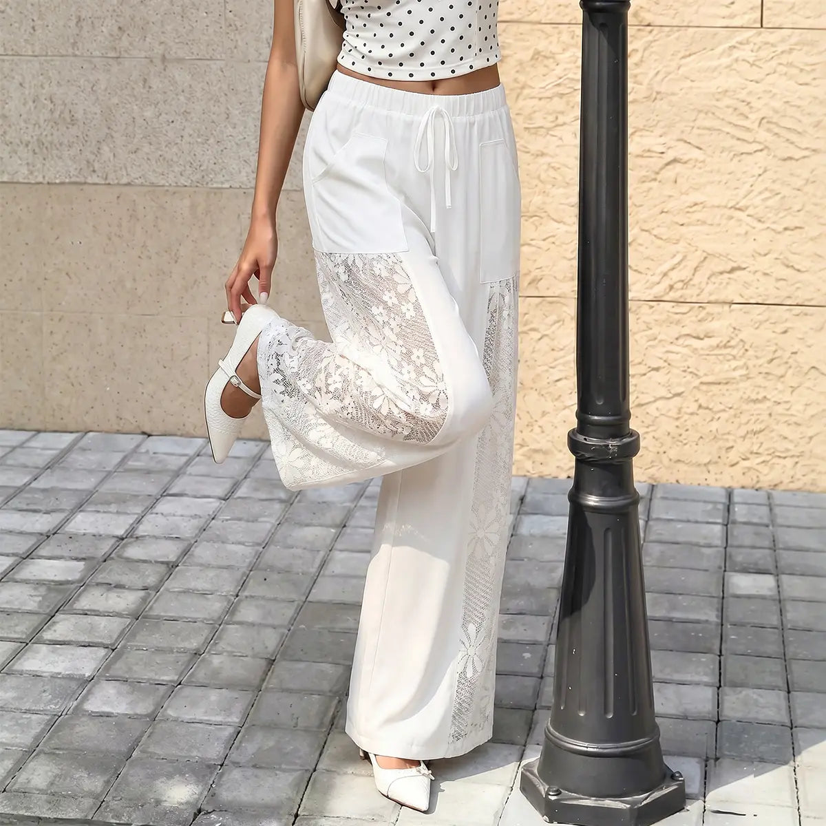 Chicovar Women'S Boho Lace Splicing Wide Leg Pants, High-Waisted Stretchy Drawstring Design, Lightweight, Flowy, Summer Trousers with Pockets & Casual, Daily, Beach Vacation, Summervibes
