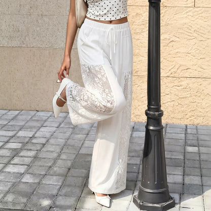 Chicovar Women'S Boho Lace Splicing Wide Leg Pants, High-Waisted Stretchy Drawstring Design, Lightweight, Flowy, Summer Trousers with Pockets & Casual, Daily, Beach Vacation, Summervibes