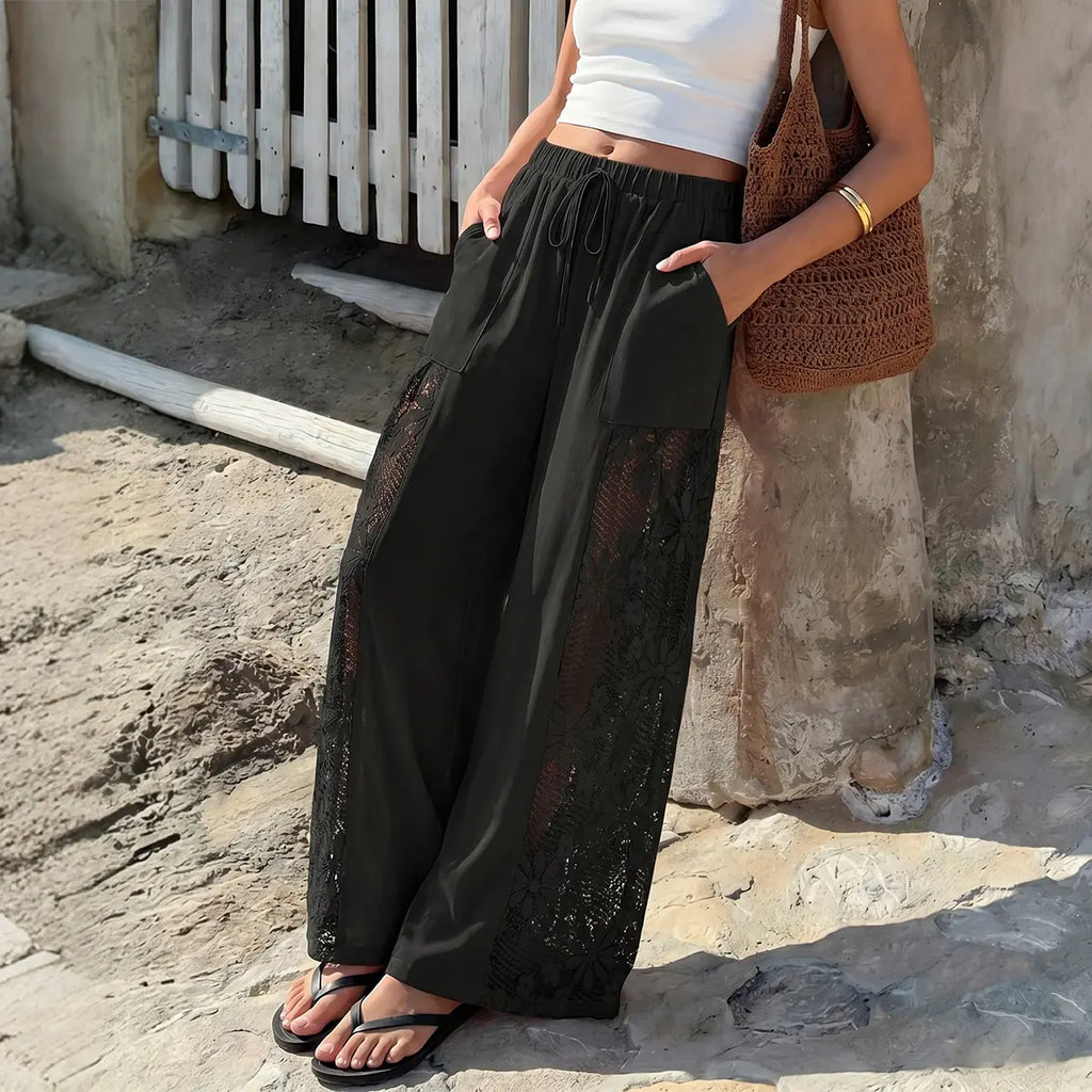 Chicovar Women'S Boho Lace Splicing Wide Leg Pants, High-Waisted Stretchy Drawstring Design, Lightweight, Flowy, Summer Trousers with Pockets & Casual, Daily, Beach Vacation, Summervibes