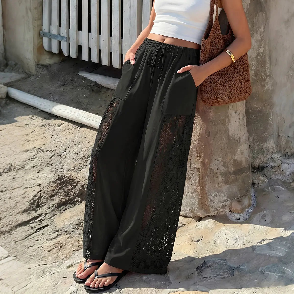 Chicovar Women'S Boho Lace Splicing Wide Leg Pants, High-Waisted Stretchy Drawstring Design, Lightweight, Flowy, Summer Trousers with Pockets & Casual, Daily, Beach Vacation, Summervibes