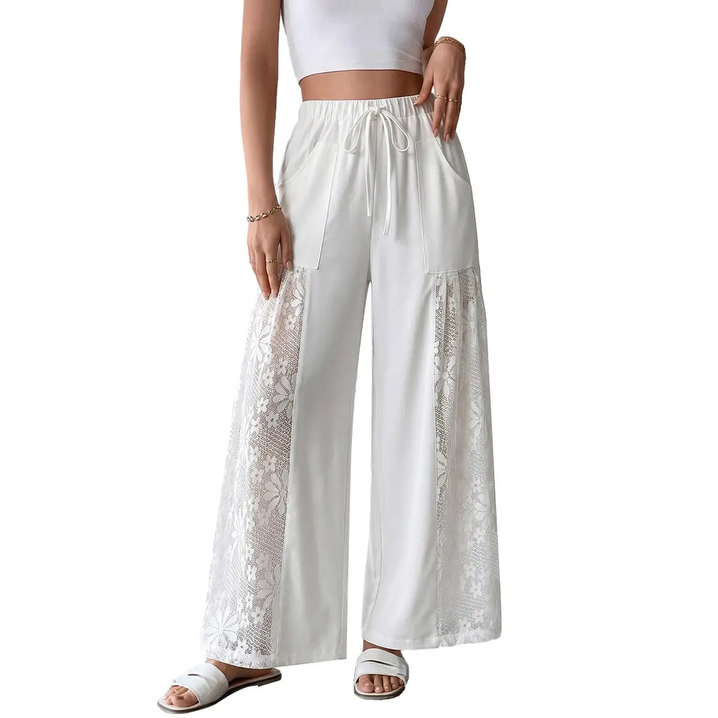Chicovar Women'S Boho Lace Splicing Wide Leg Pants, High-Waisted Stretchy Drawstring Design, Lightweight, Flowy, Summer Trousers with Pockets & Casual, Daily, Beach Vacation, Summervibes