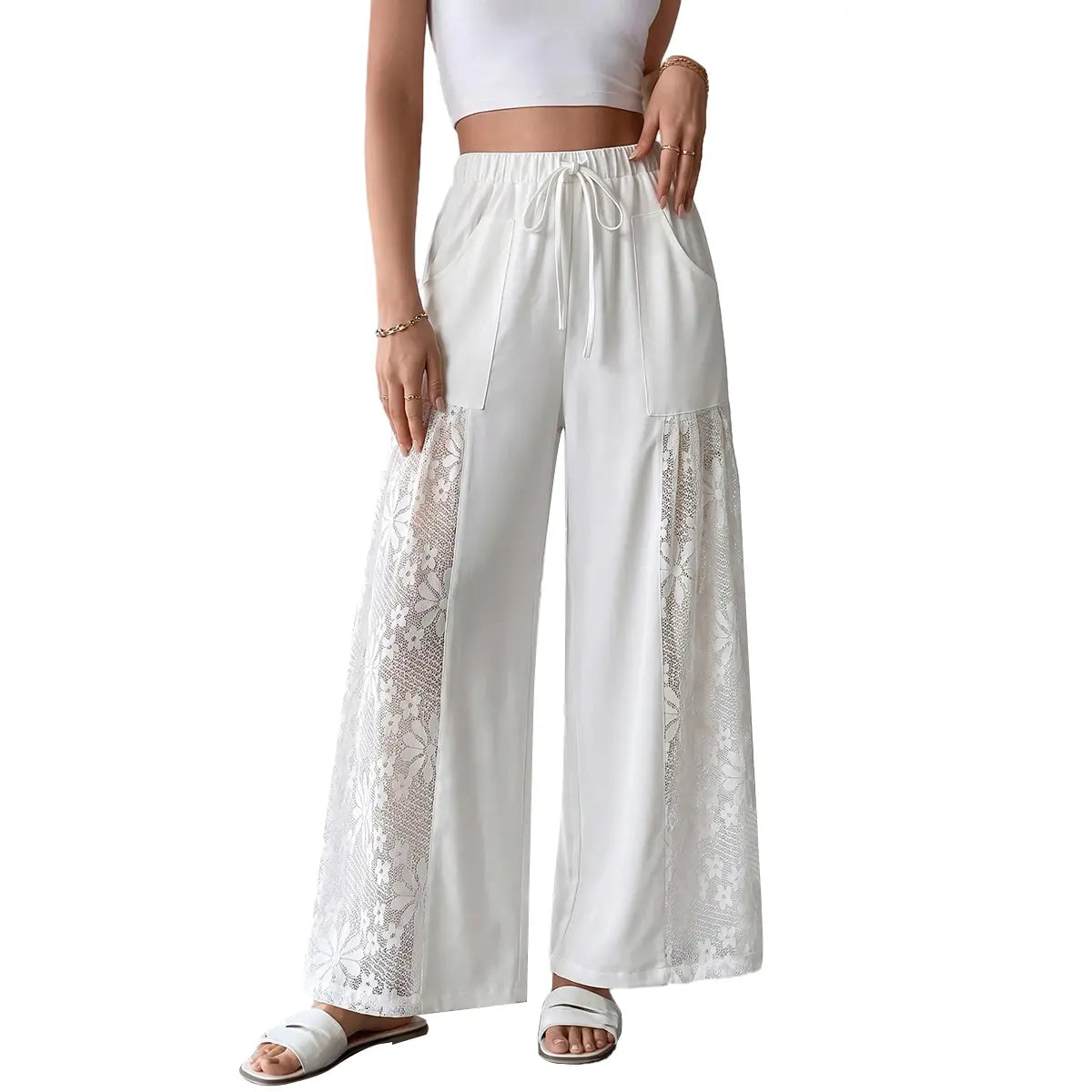 Chicovar Women'S Boho Lace Splicing Wide Leg Pants, High-Waisted Stretchy Drawstring Design, Lightweight, Flowy, Summer Trousers with Pockets & Casual, Daily, Beach Vacation, Summervibes