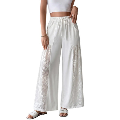 Chicovar Women'S Boho Lace Splicing Wide Leg Pants, High-Waisted Stretchy Drawstring Design, Lightweight, Flowy, Summer Trousers with Pockets & Casual, Daily, Beach Vacation, Summervibes