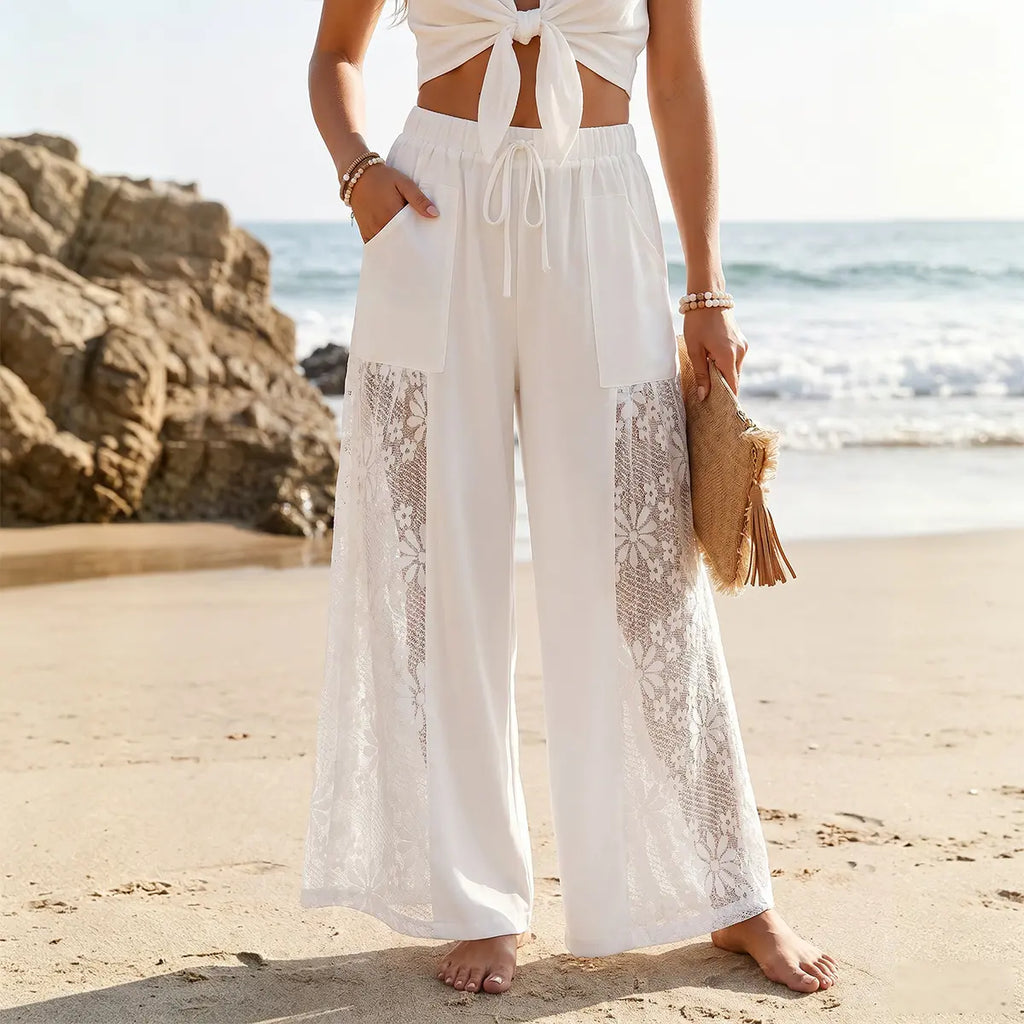 Chicovar Women'S Boho Lace Splicing Wide Leg Pants, High-Waisted Stretchy Drawstring Design, Lightweight, Flowy, Summer Trousers with Pockets & Casual, Daily, Beach Vacation, Summervibes