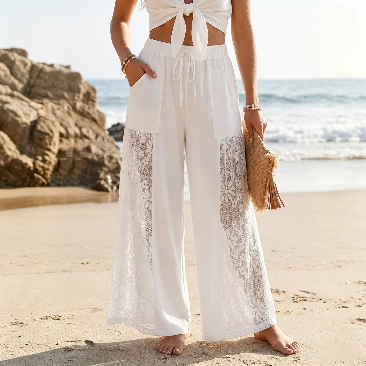 Chicovar Women'S Boho Lace Splicing Wide Leg Pants, High-Waisted Stretchy Drawstring Design, Lightweight, Flowy, Summer Trousers with Pockets & Casual, Daily, Beach Vacation, Summervibes