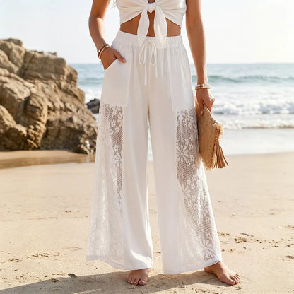 Chicovar Women'S Boho Lace Splicing Wide Leg Pants, High-Waisted Stretchy Drawstring Design, Lightweight, Flowy, Summer Trousers with Pockets & Casual, Daily, Beach Vacation, Summervibes