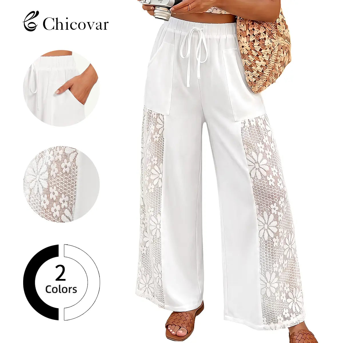 Chicovar Women'S Boho Lace Splicing Wide Leg Pants, High-Waisted Stretchy Drawstring Design, Lightweight, Flowy, Summer Trousers with Pockets & Casual, Daily, Beach Vacation, Summervibes