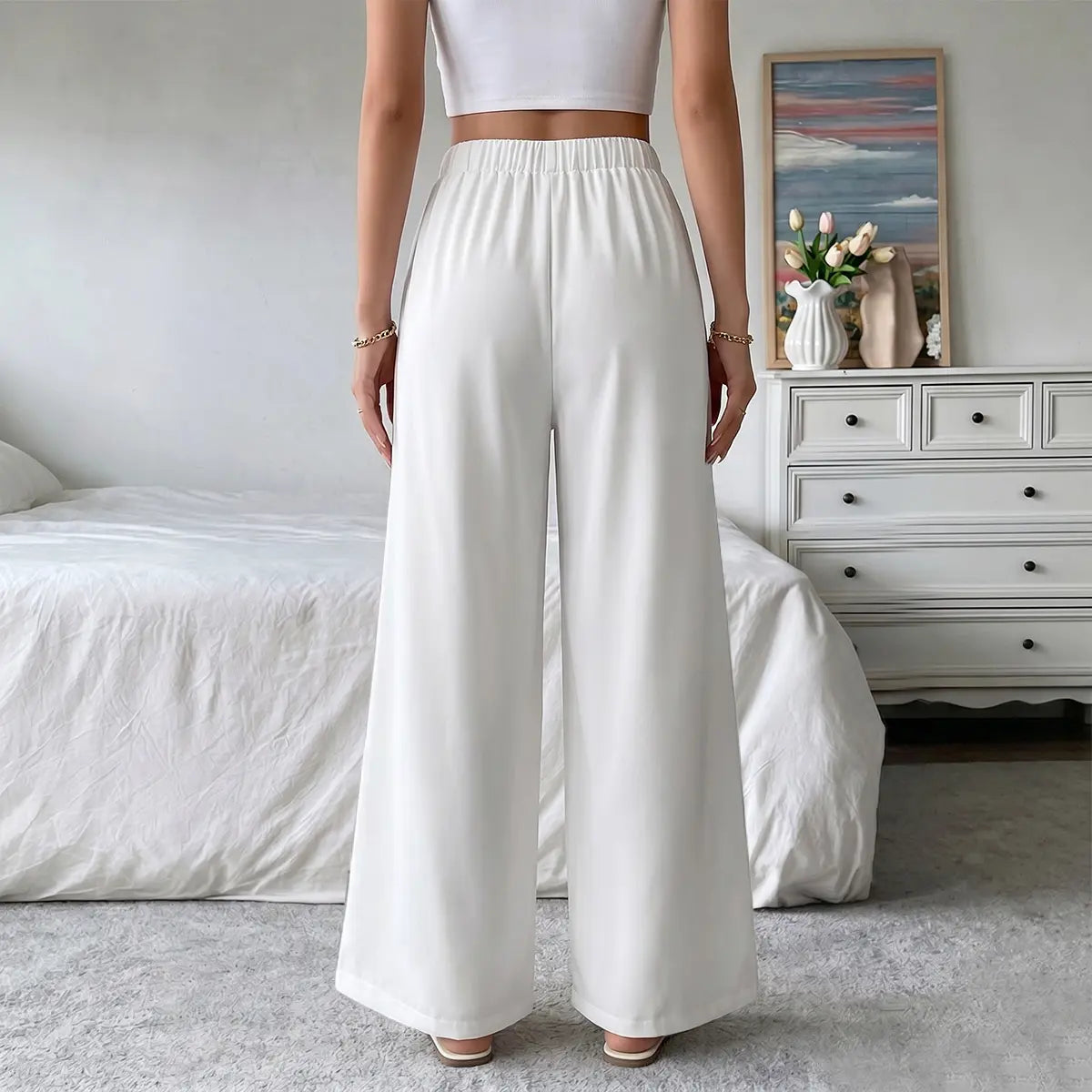 Chicovar Women'S Boho Lace Splicing Wide Leg Pants, High-Waisted Stretchy Drawstring Design, Lightweight, Flowy, Summer Trousers with Pockets & Casual, Daily, Beach Vacation, Summervibes