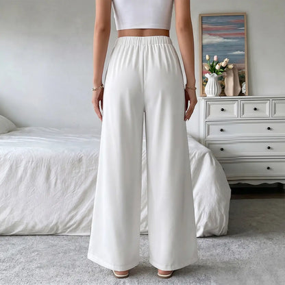 Chicovar Women'S Boho Lace Splicing Wide Leg Pants, High-Waisted Stretchy Drawstring Design, Lightweight, Flowy, Summer Trousers with Pockets & Casual, Daily, Beach Vacation, Summervibes